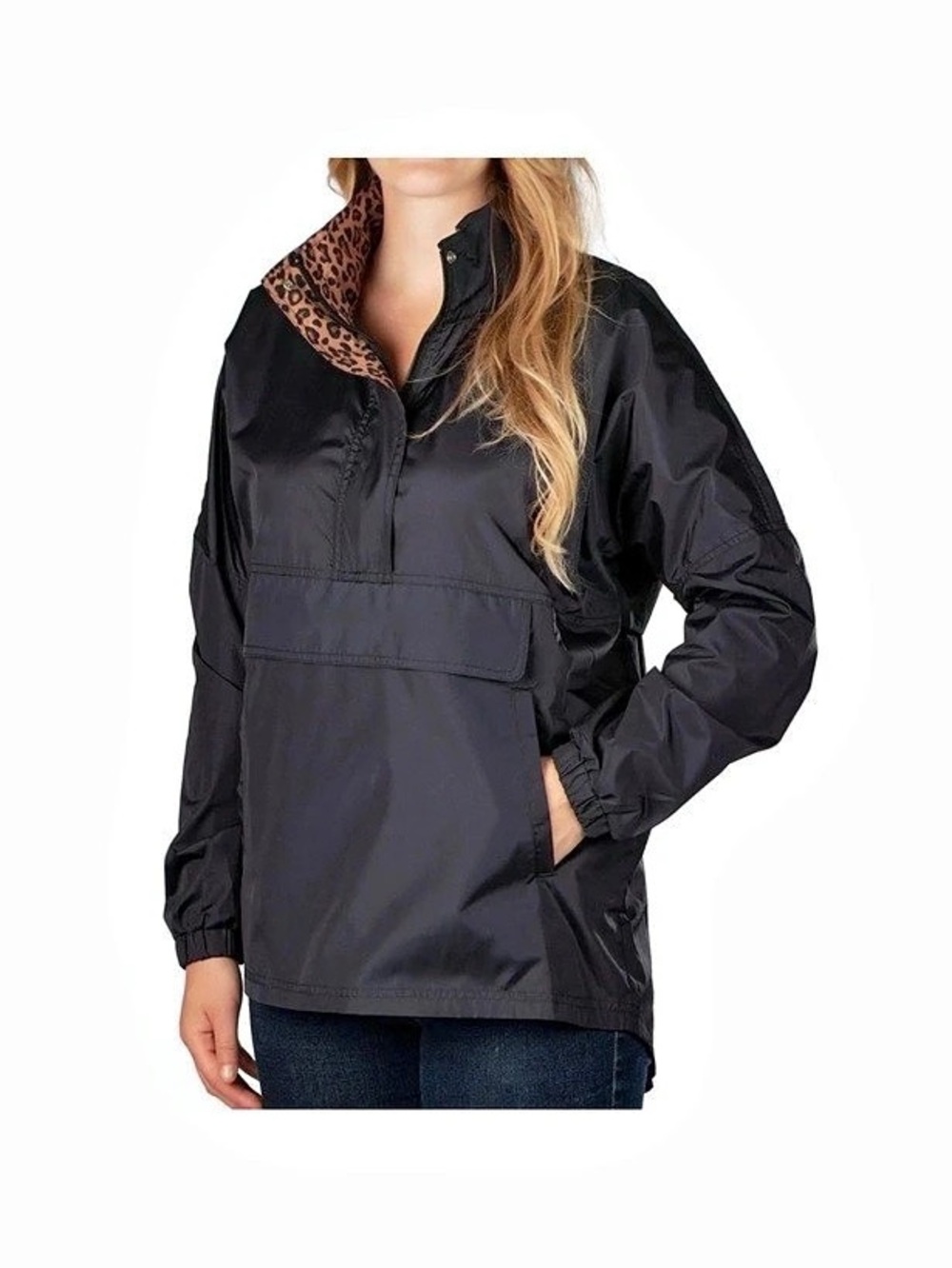 Lauren James Black Leopard Hooded Lightweight Windbreaker Jacket Medium